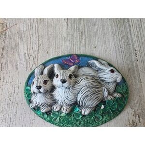 Vintage ceramic Easter bunny rabbit plaque sign hanging wall‎ glitter spring